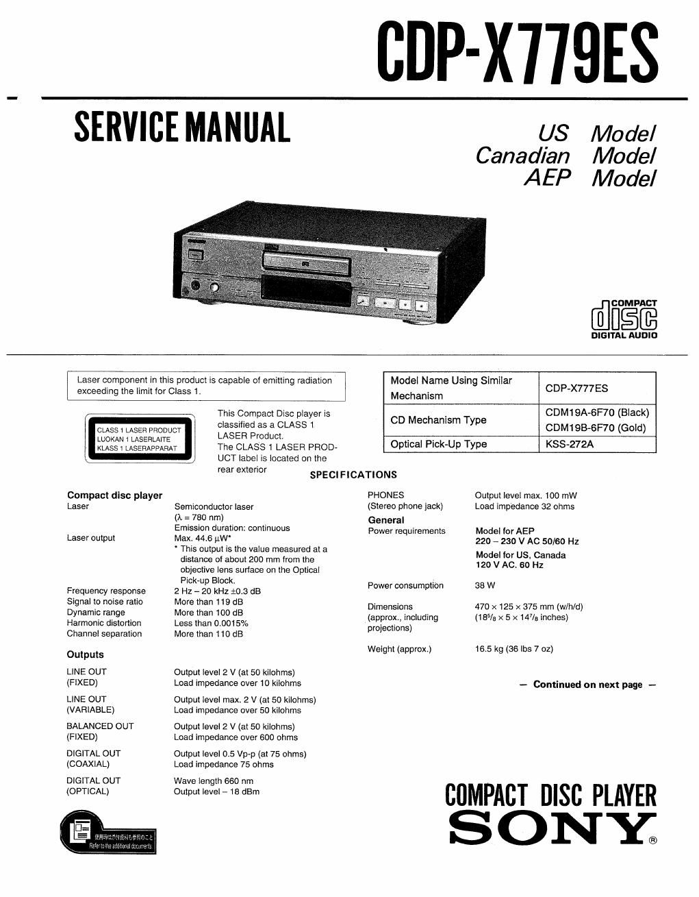 sony cdp x779es service manual