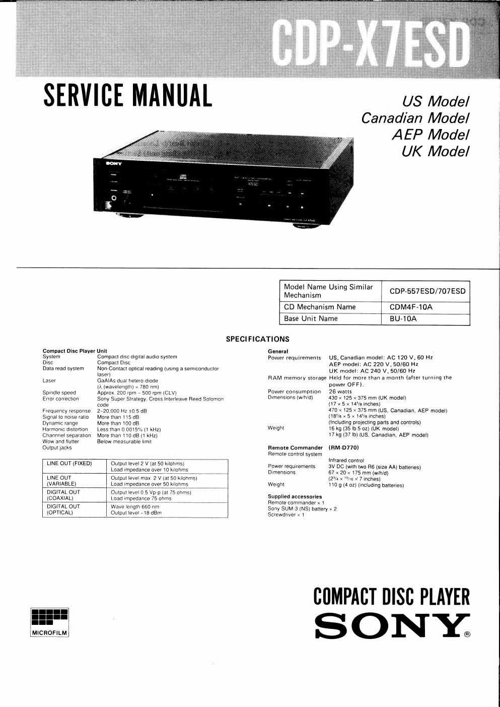 sony cdp x7esd service manual