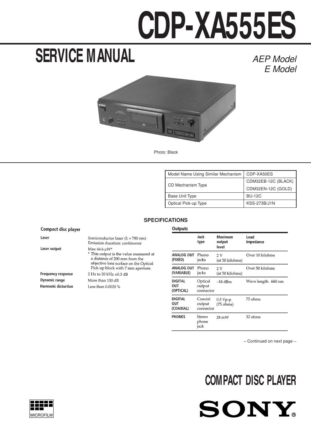 sony cdp xa 555 es service manual