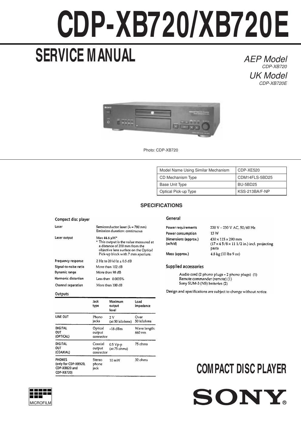 sony cdp xb 720 e service manual