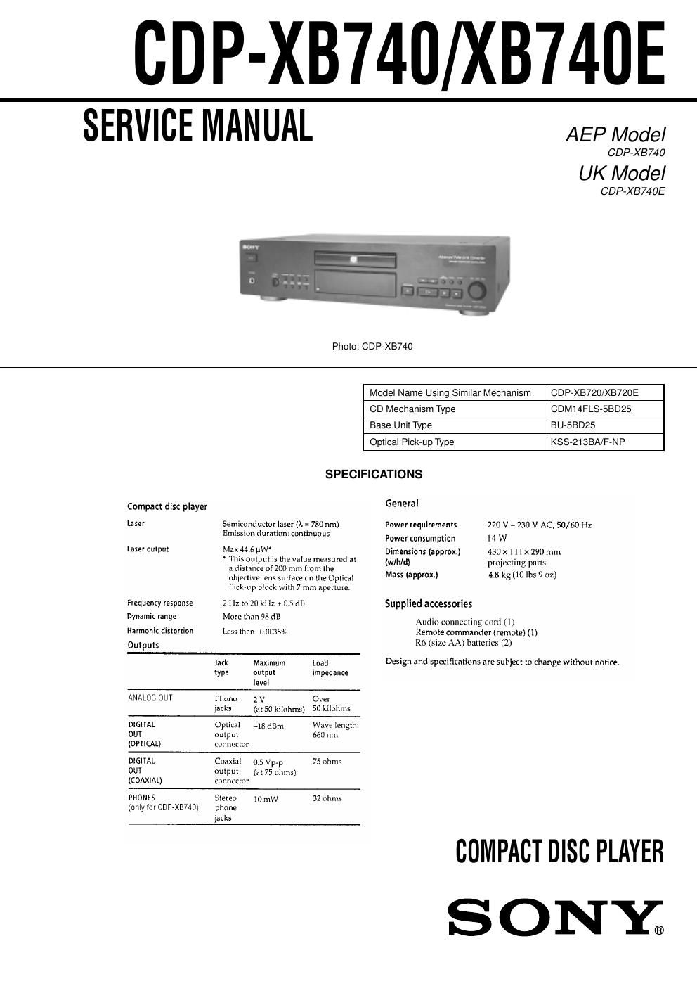 sony cdp xb 740 service manual