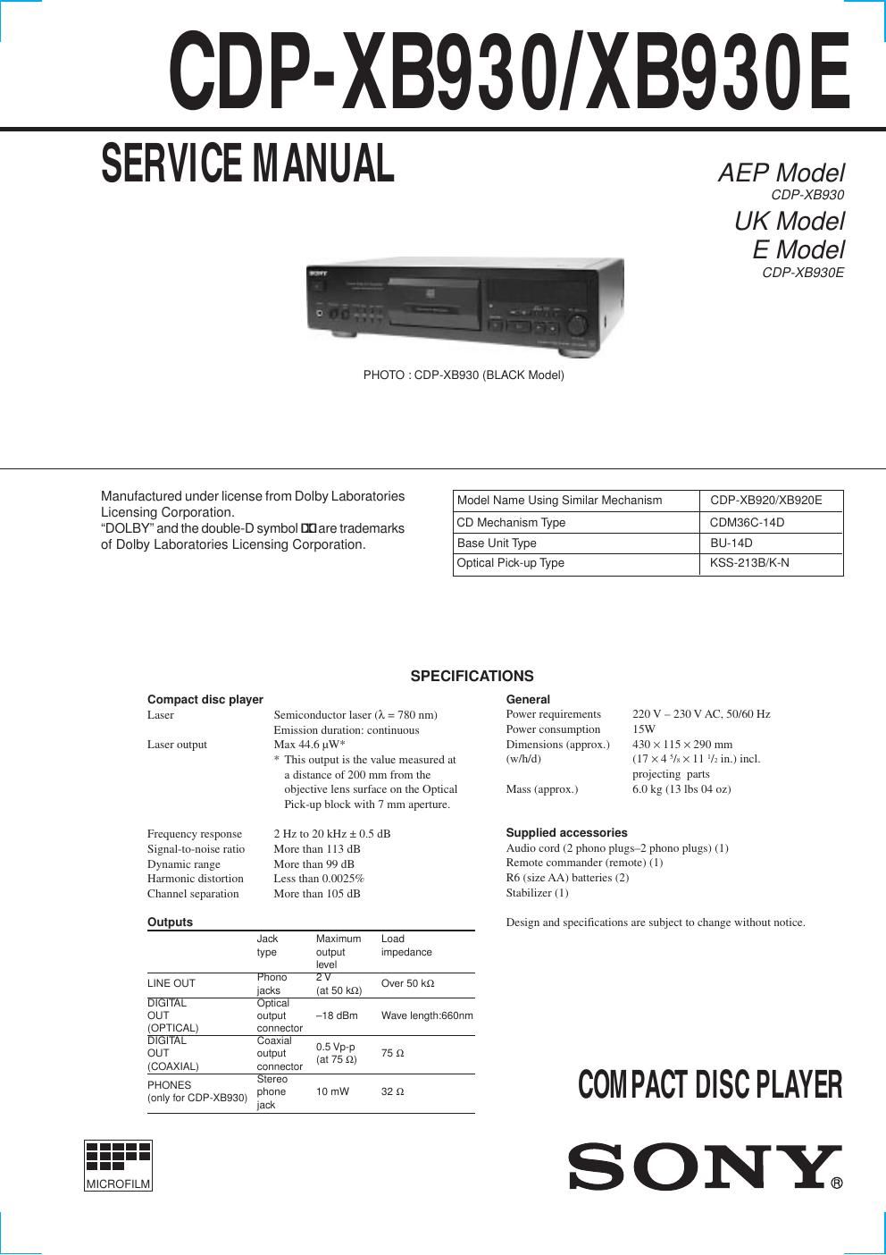 sony cdp xb 930 service manual