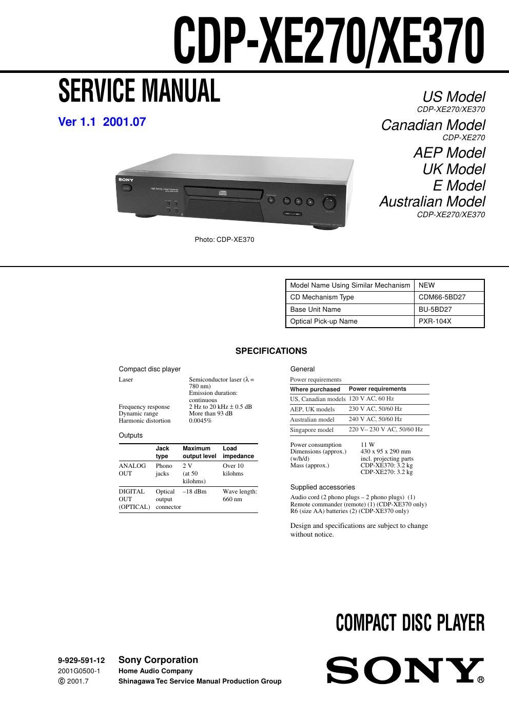 sony cdp xe 370 service manual