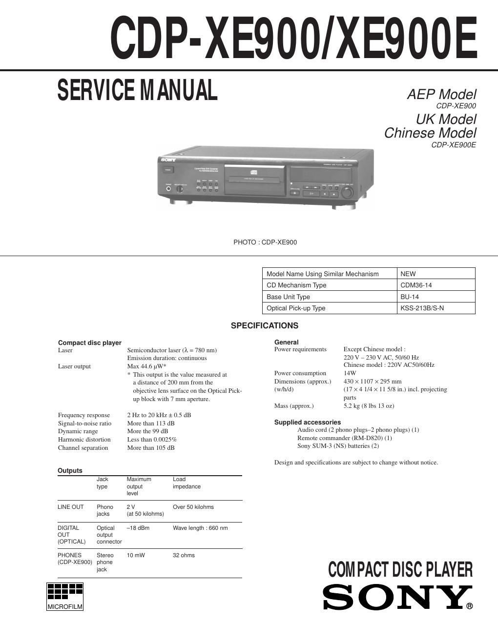 sony cdp xe 900 service manual