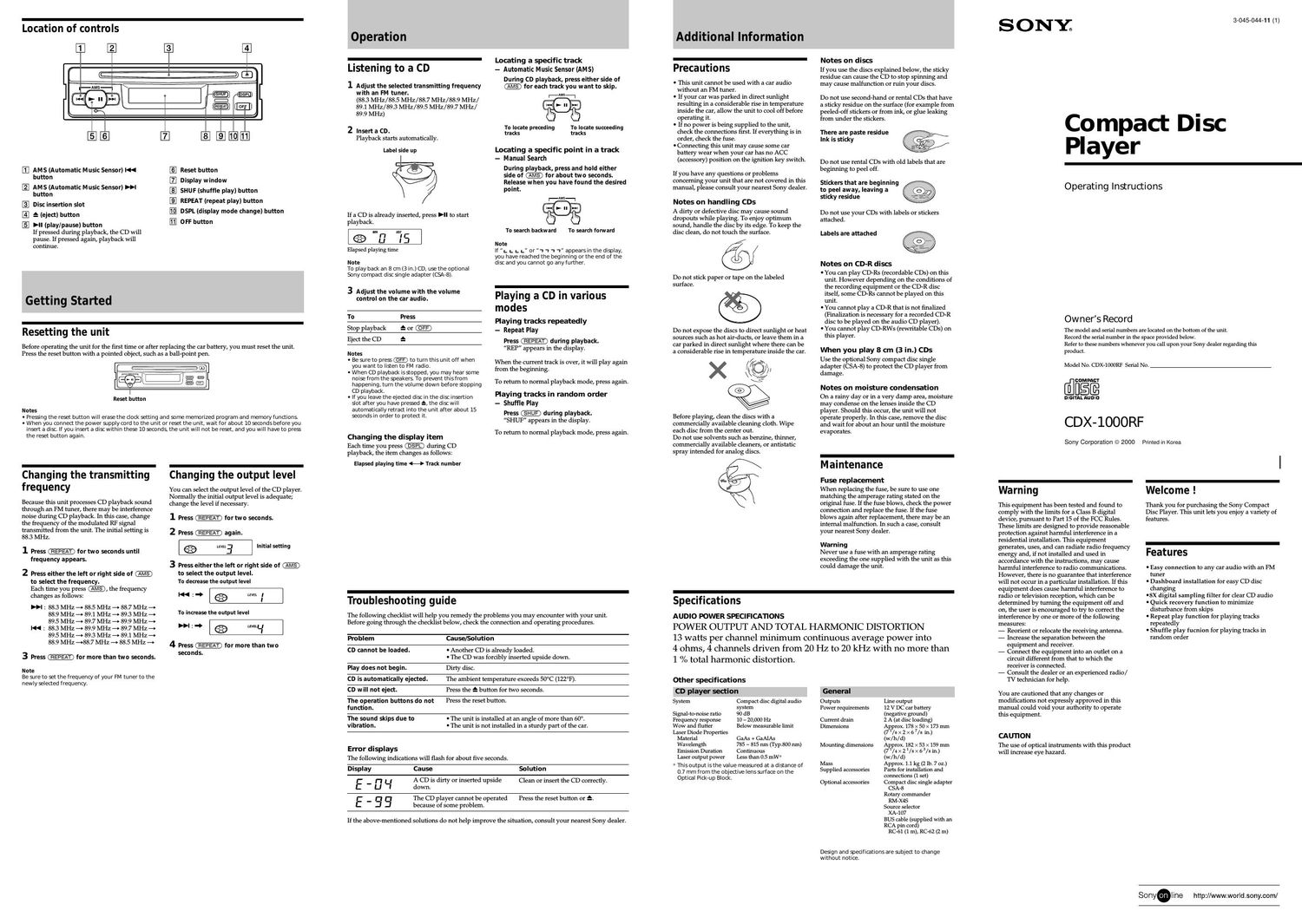 sony cdx 1000 rf owners manual