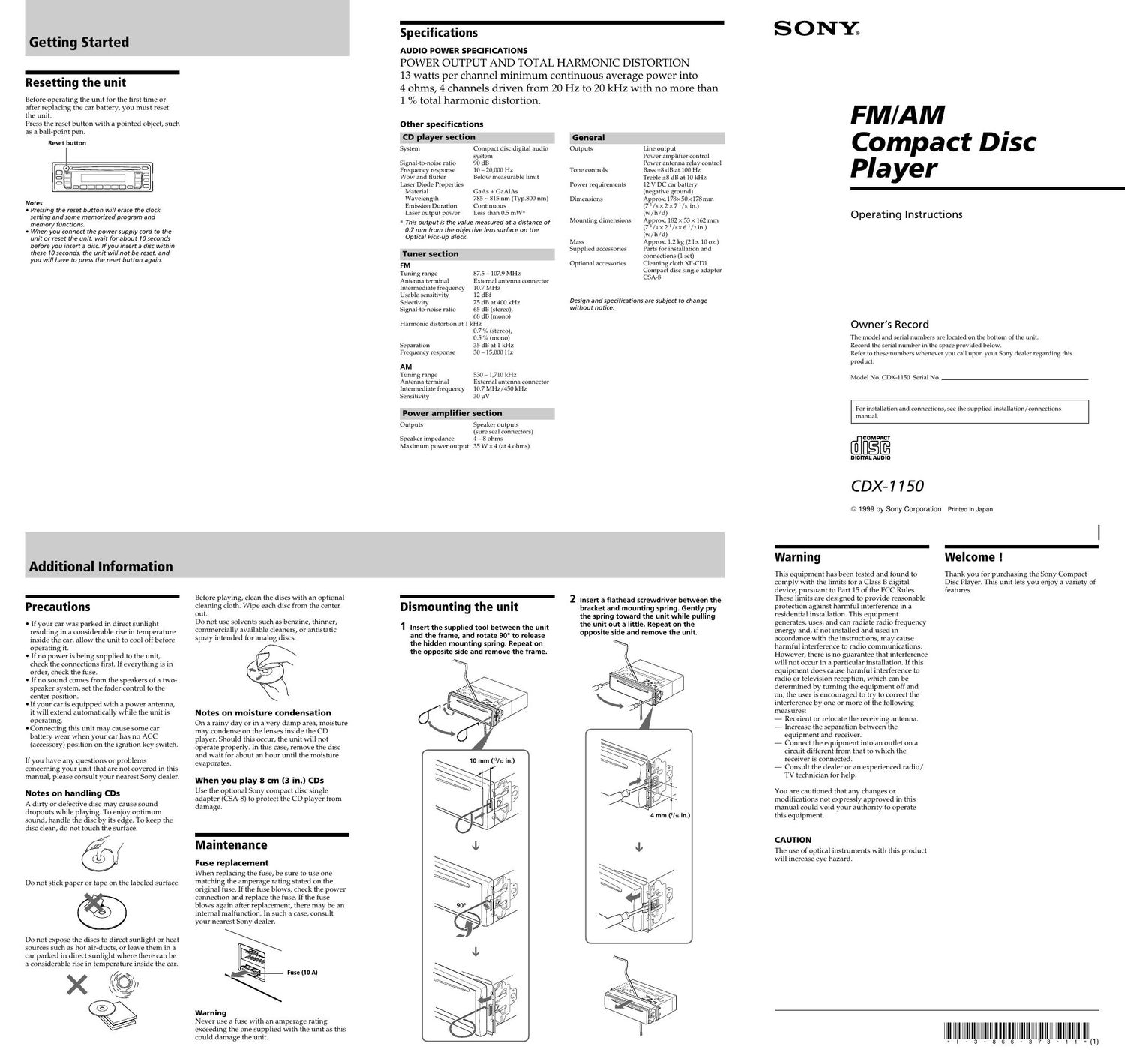 sony cdx 1150 owners manual