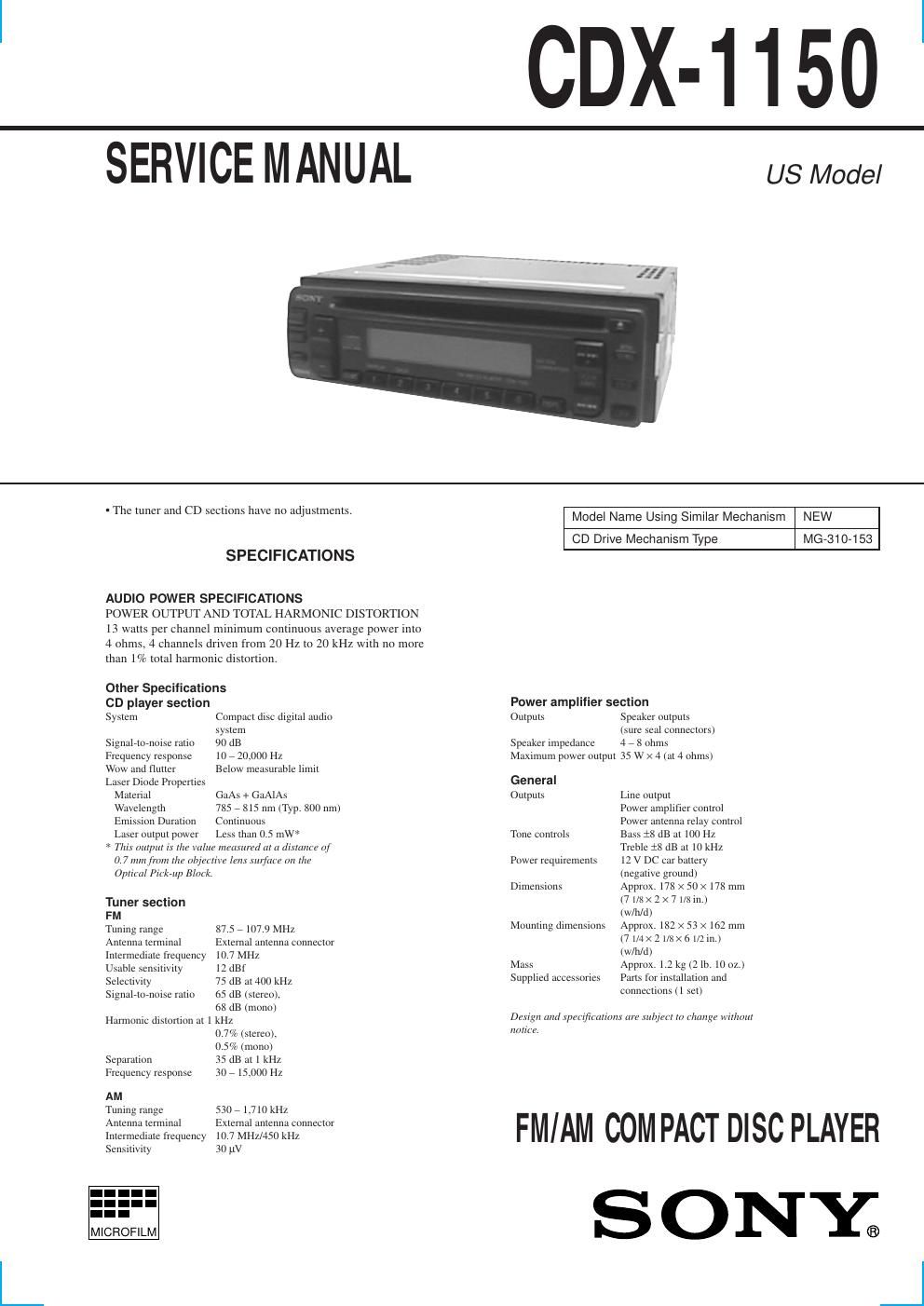 sony cdx 1150 service manual