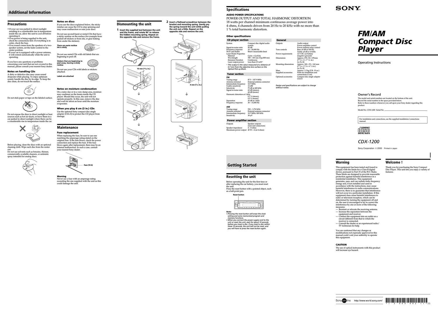 sony cdx 1200 owners manual