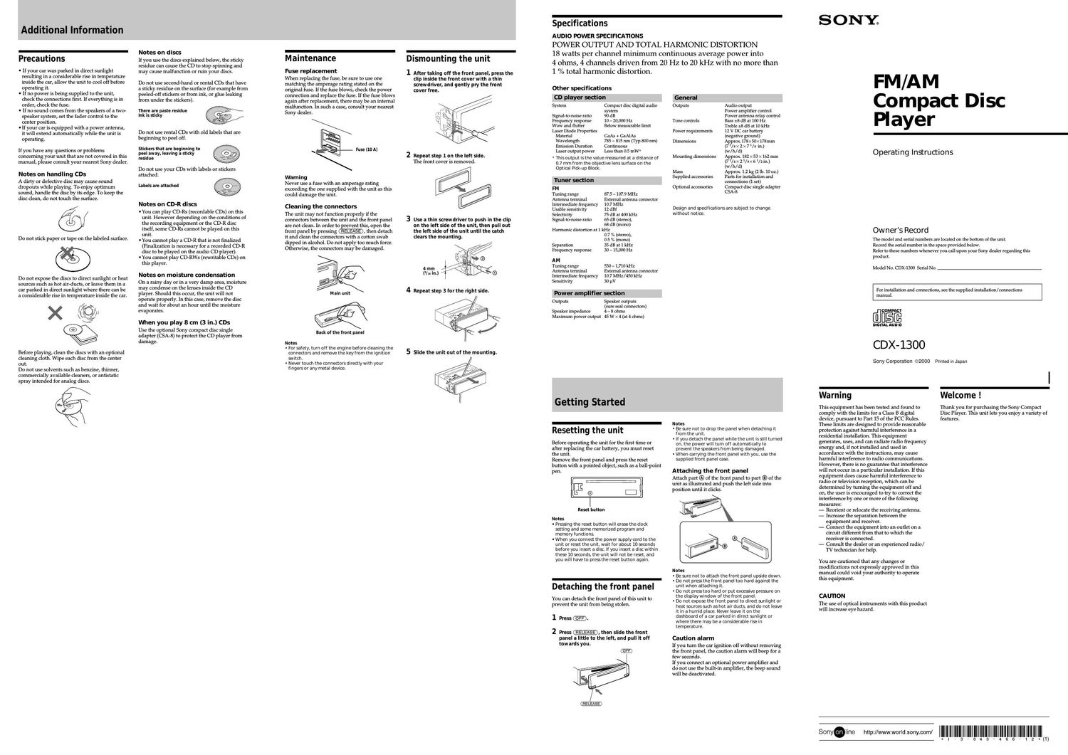 sony cdx 1300 owners manual