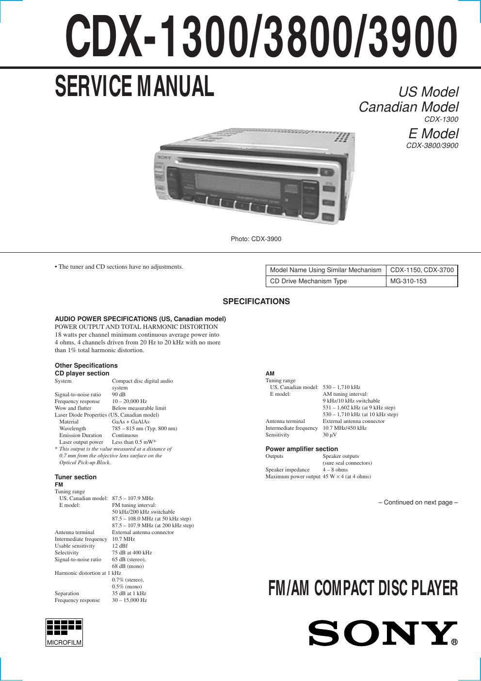 sony cdx 1300 service manual
