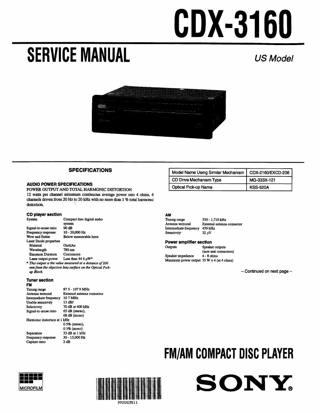 sony cdx 3160 service manual