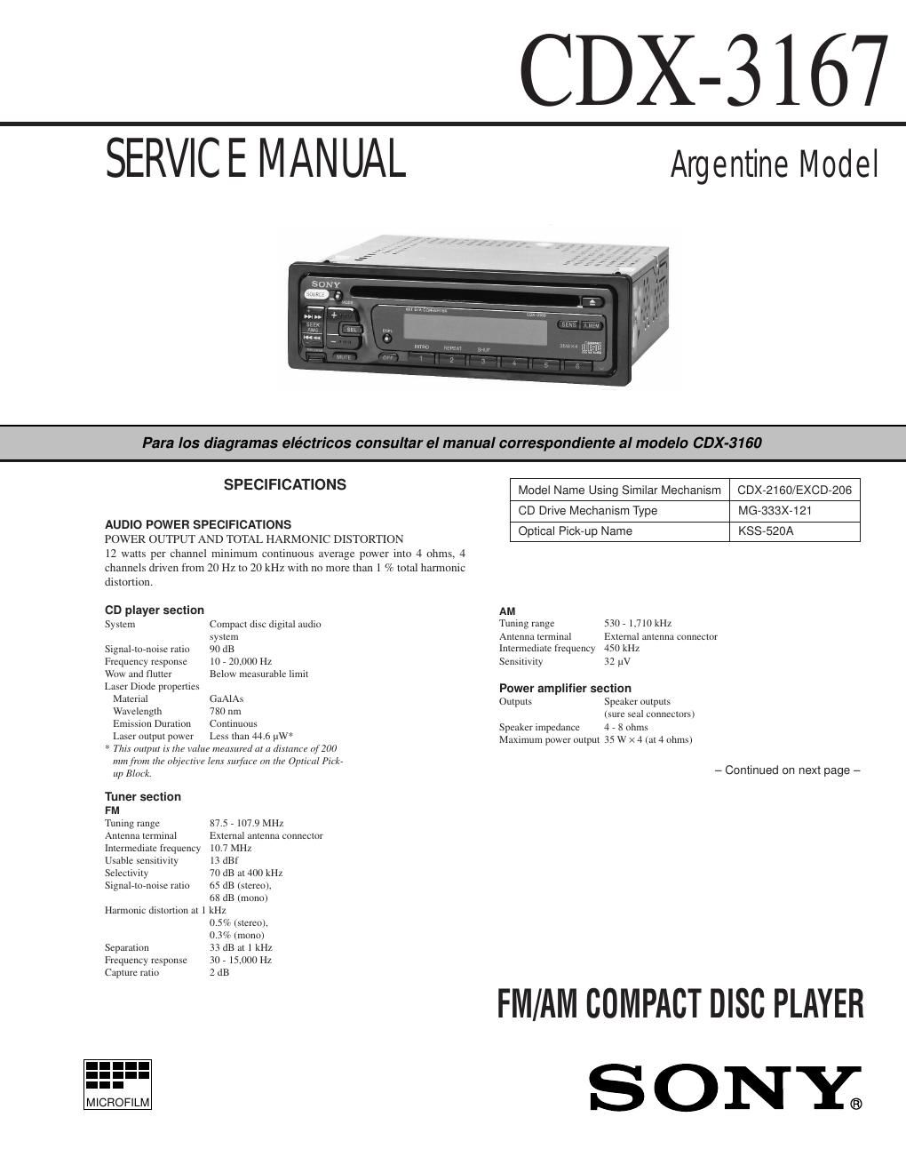 sony cdx 3167 service manual