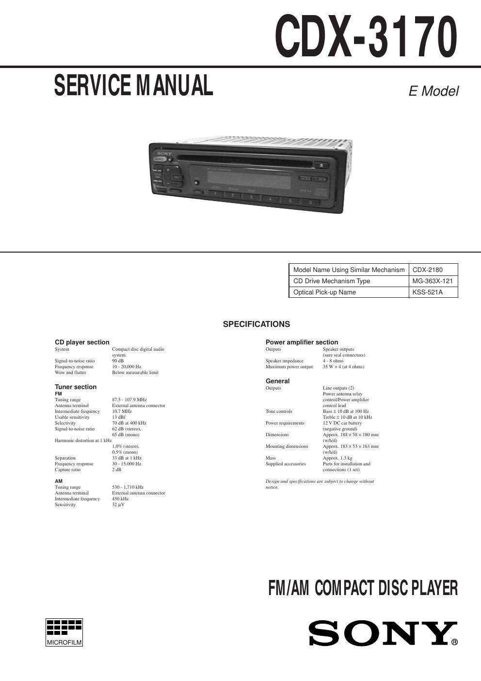 sony cdx 3170 service manual