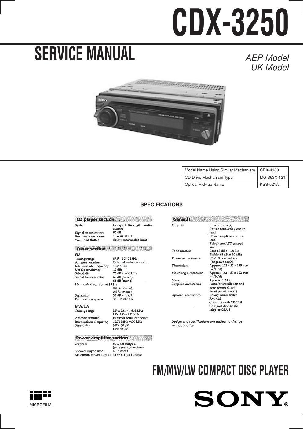 sony cdx 3250 service manual