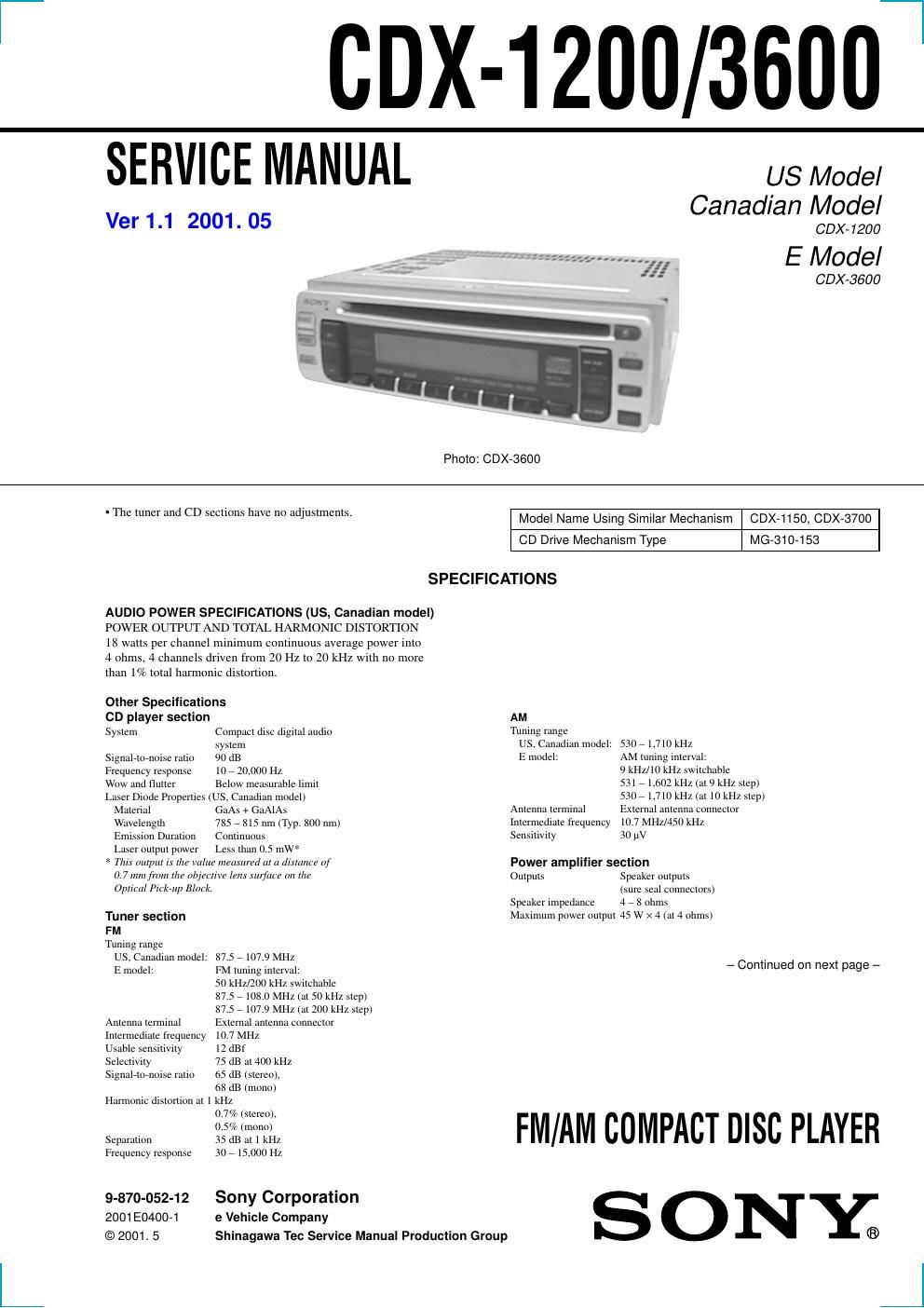 sony cdx 3600 service manual