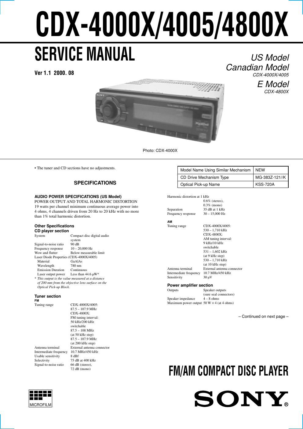 sony cdx 4000 x service manual