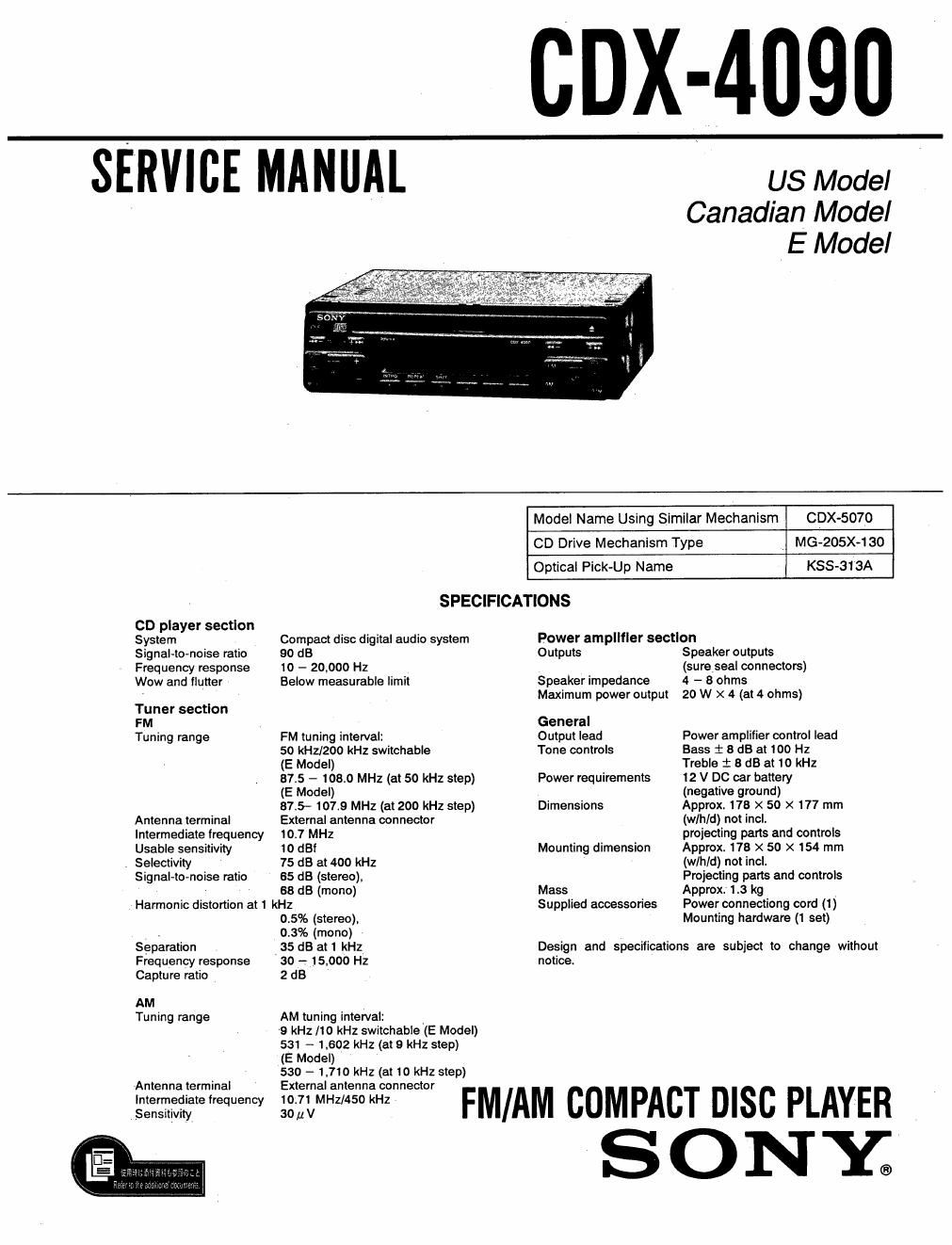 sony cdx 4090 service manual