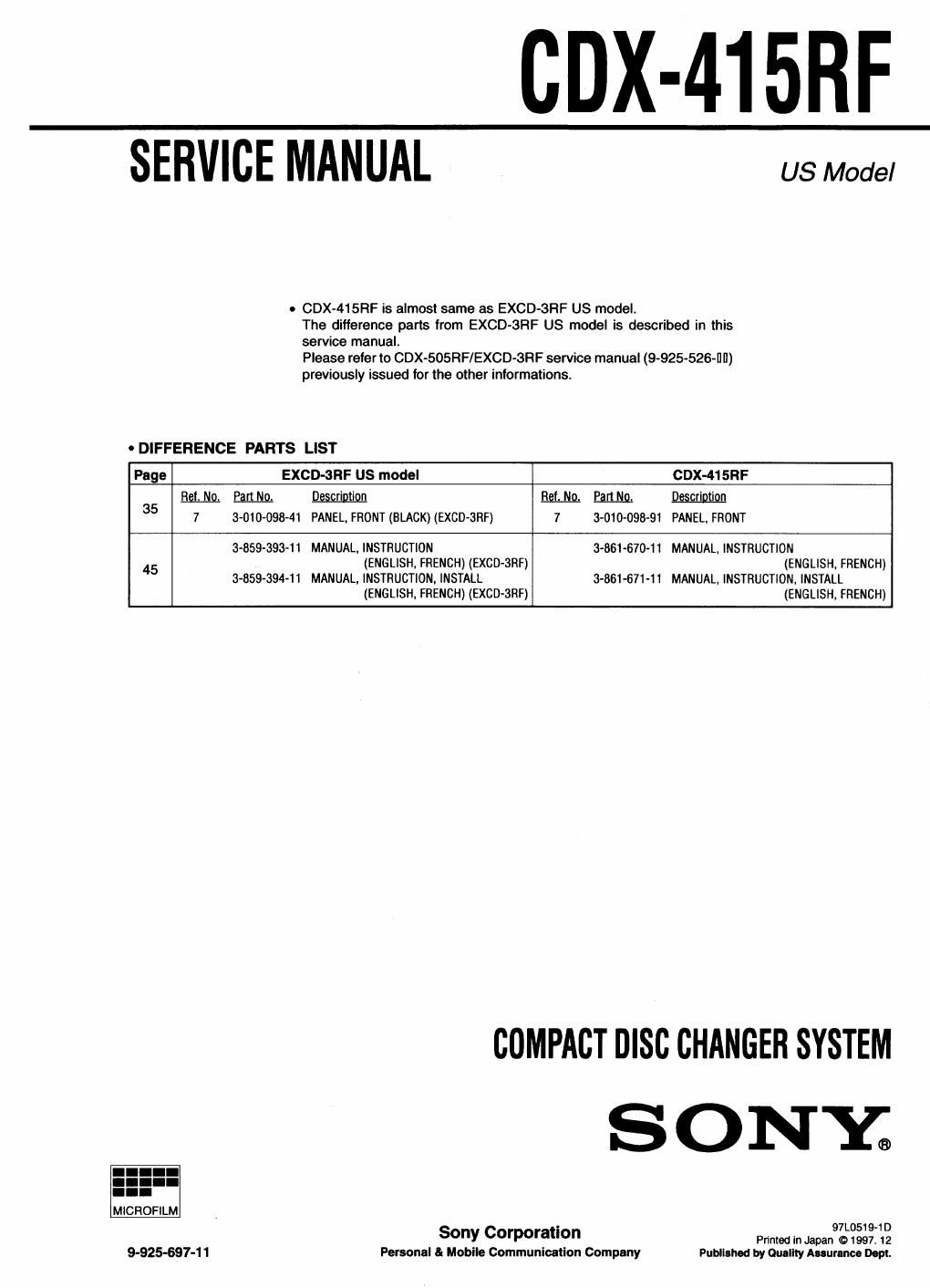 sony cdx 415 rf service manual