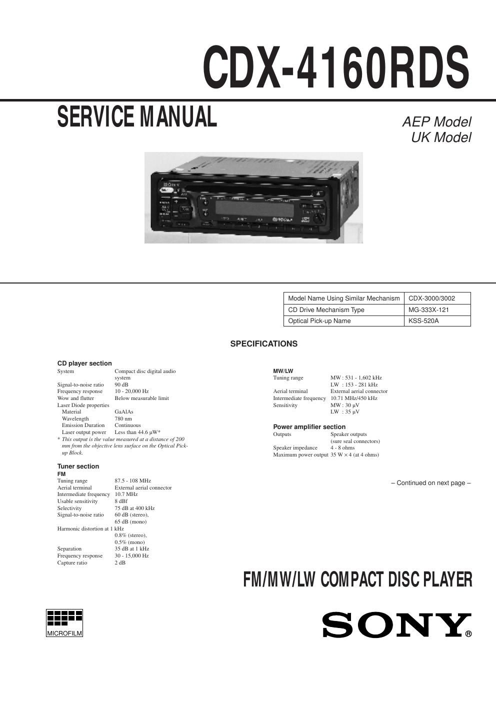 sony cdx 4160 rds service manual