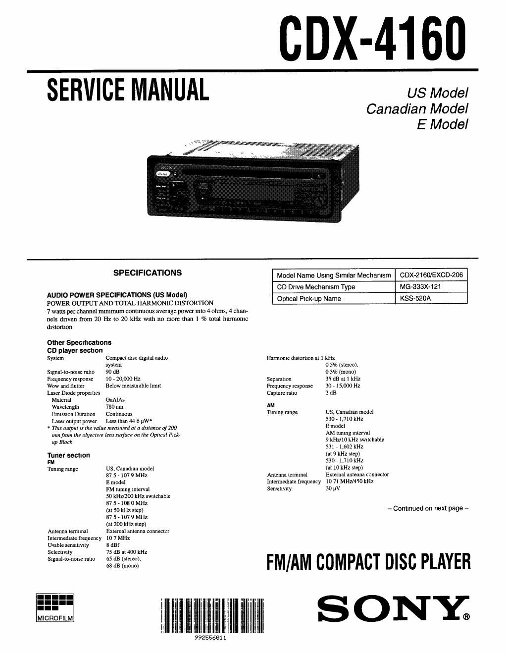 sony cdx 4160 service manual