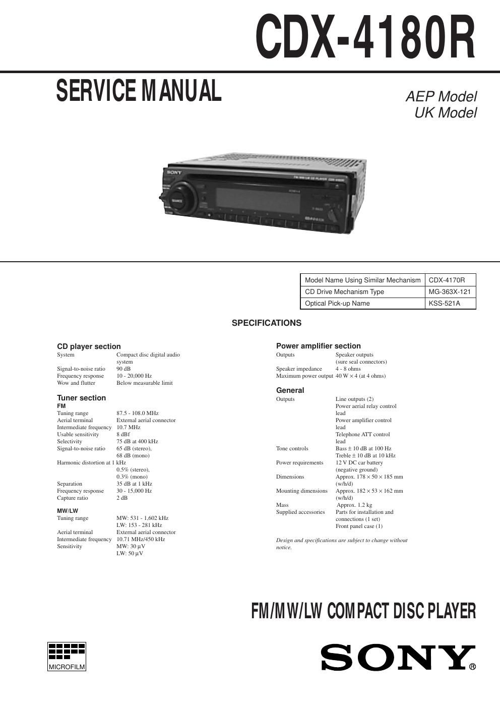 sony cdx 4180 r service manual