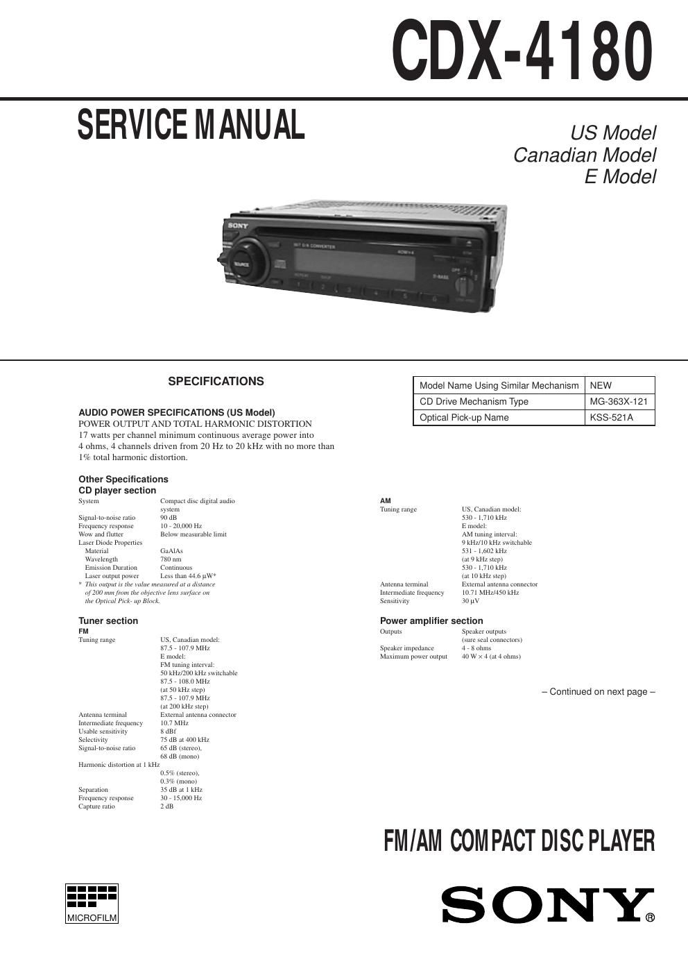 sony cdx 4180 service manual