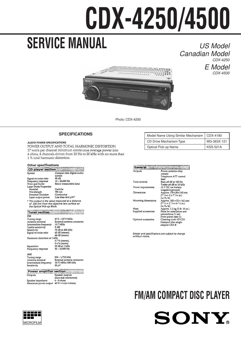 sony cdx 4250 service manual