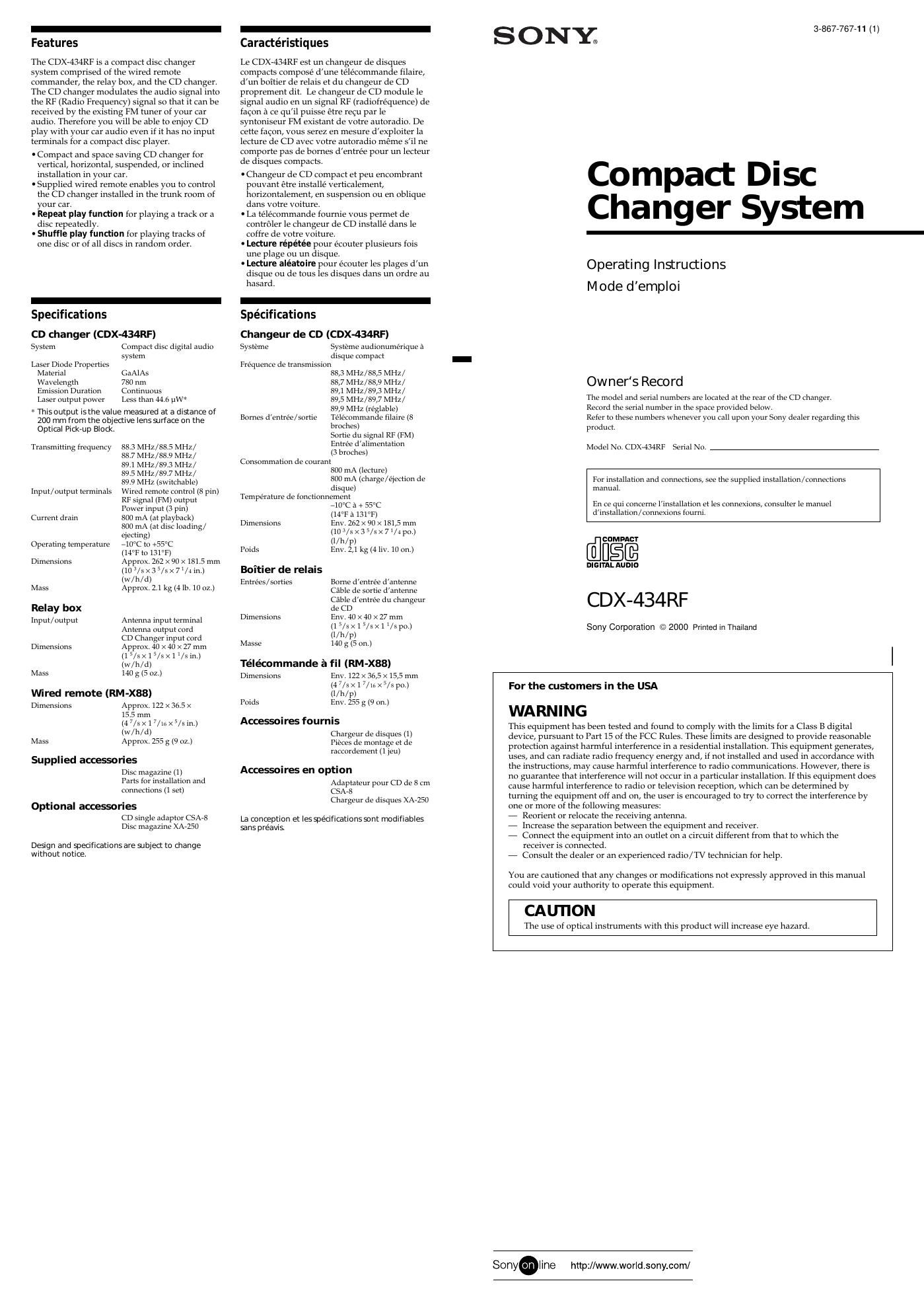 sony cdx 434 rf owners manual