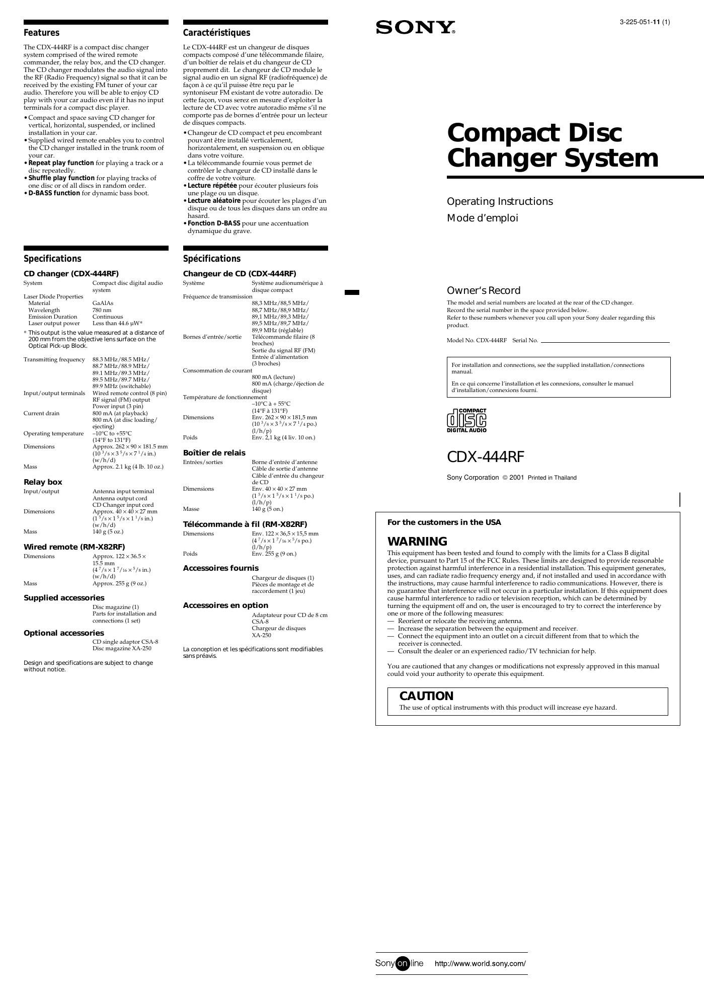 sony cdx 444 rf owners manual