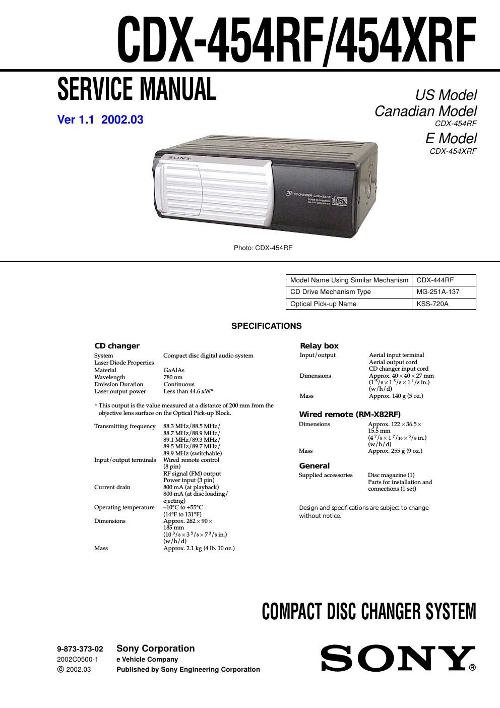 sony cdx 454 xrf service manual