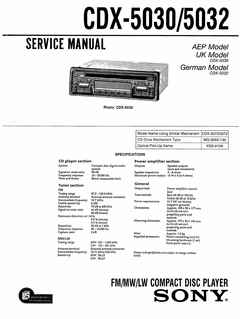 sony cdx 5030 service manual