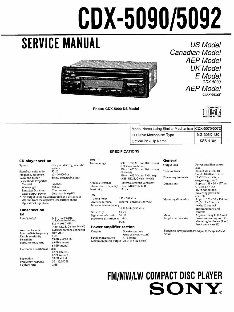 sony cdx 5090 service manual