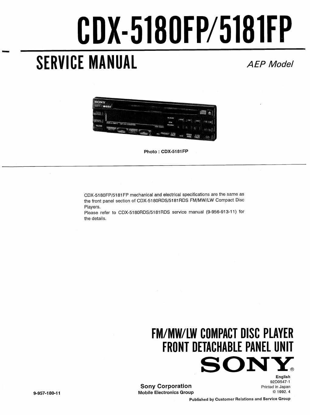 sony cdx 5180 fp service manual
