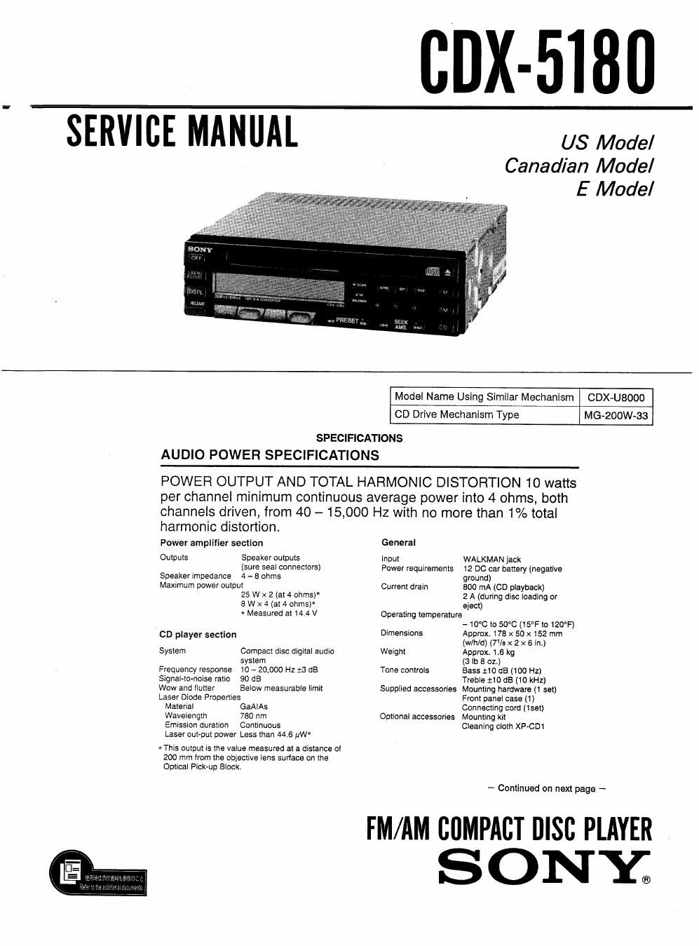 sony cdx 5180 service manual