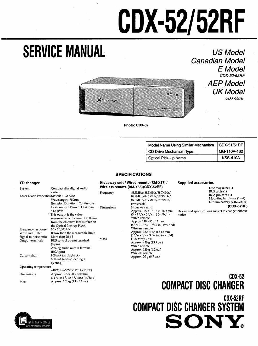 sony cdx 52 service manual
