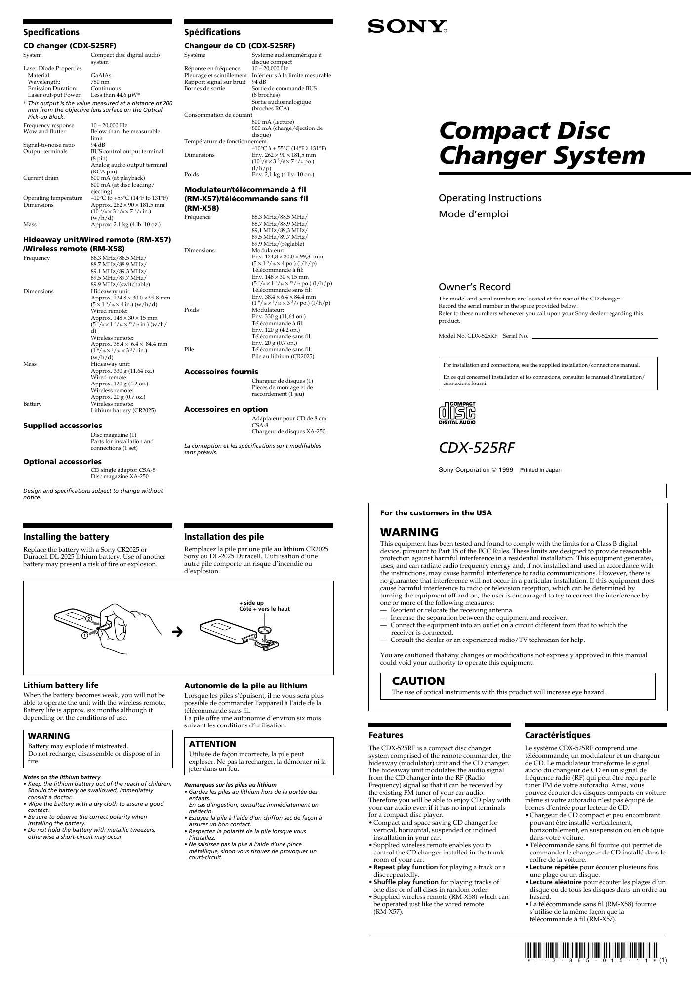 sony cdx 525 rf owners manual