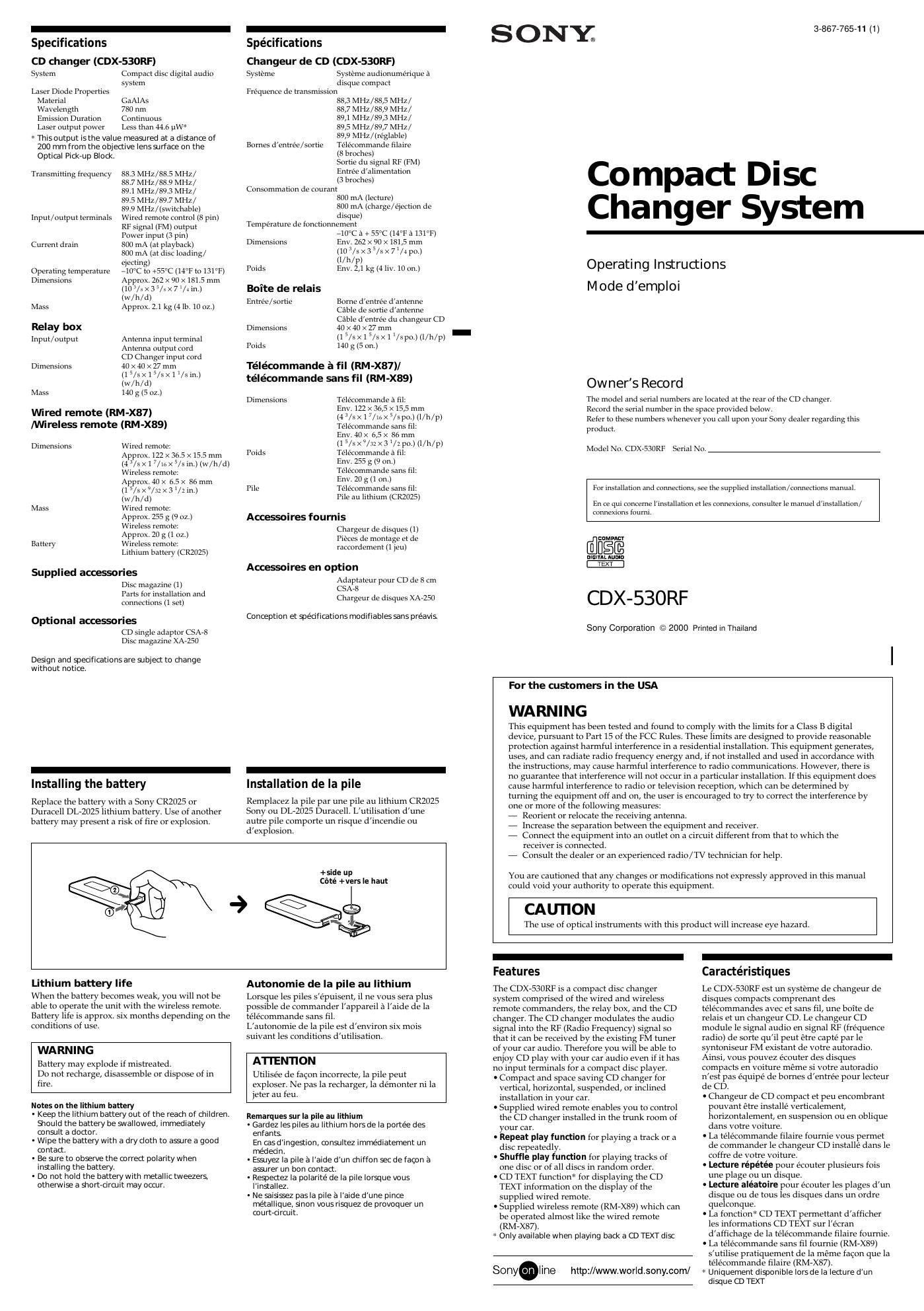 sony cdx 530 rf owners manual