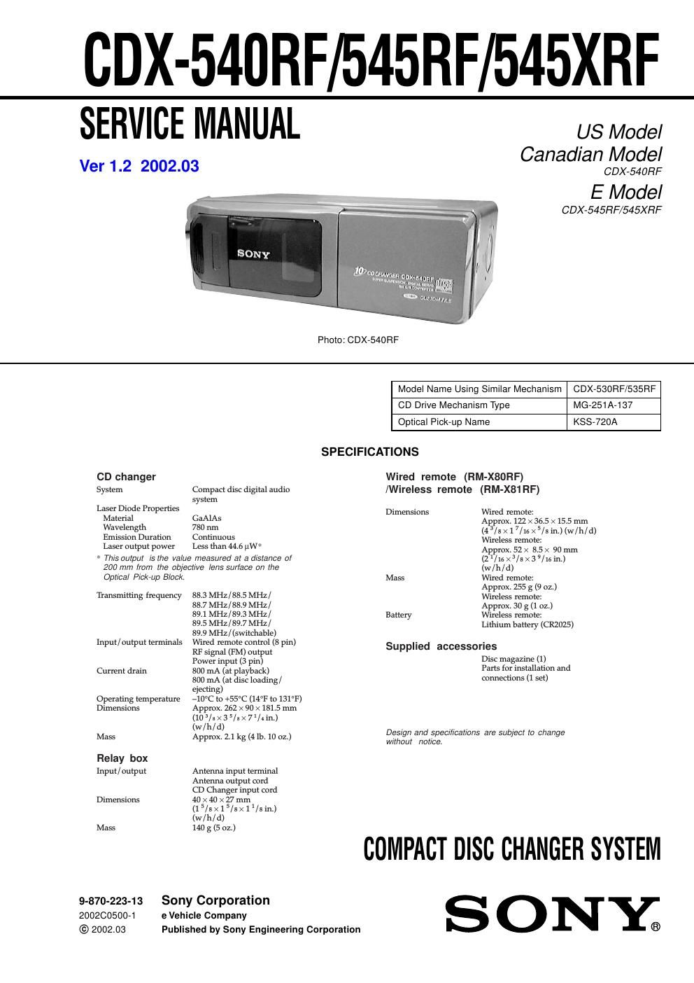 sony cdx 540 rf service manual