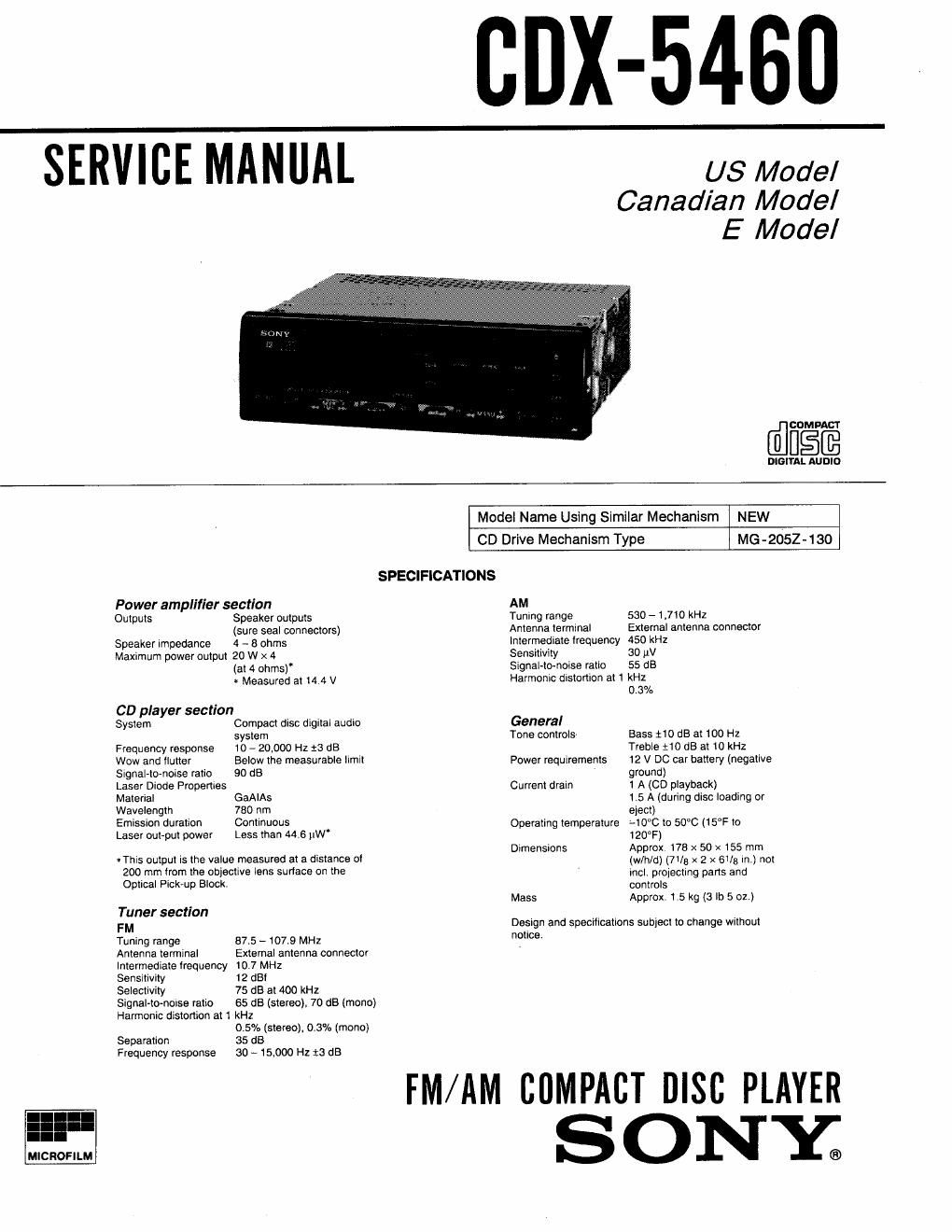 sony cdx 5460 service manual