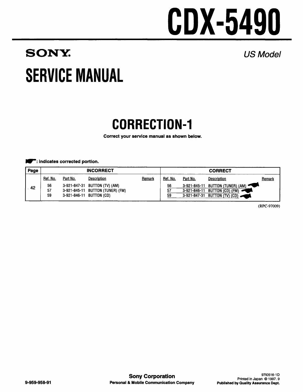 sony cdx 5490 service manual