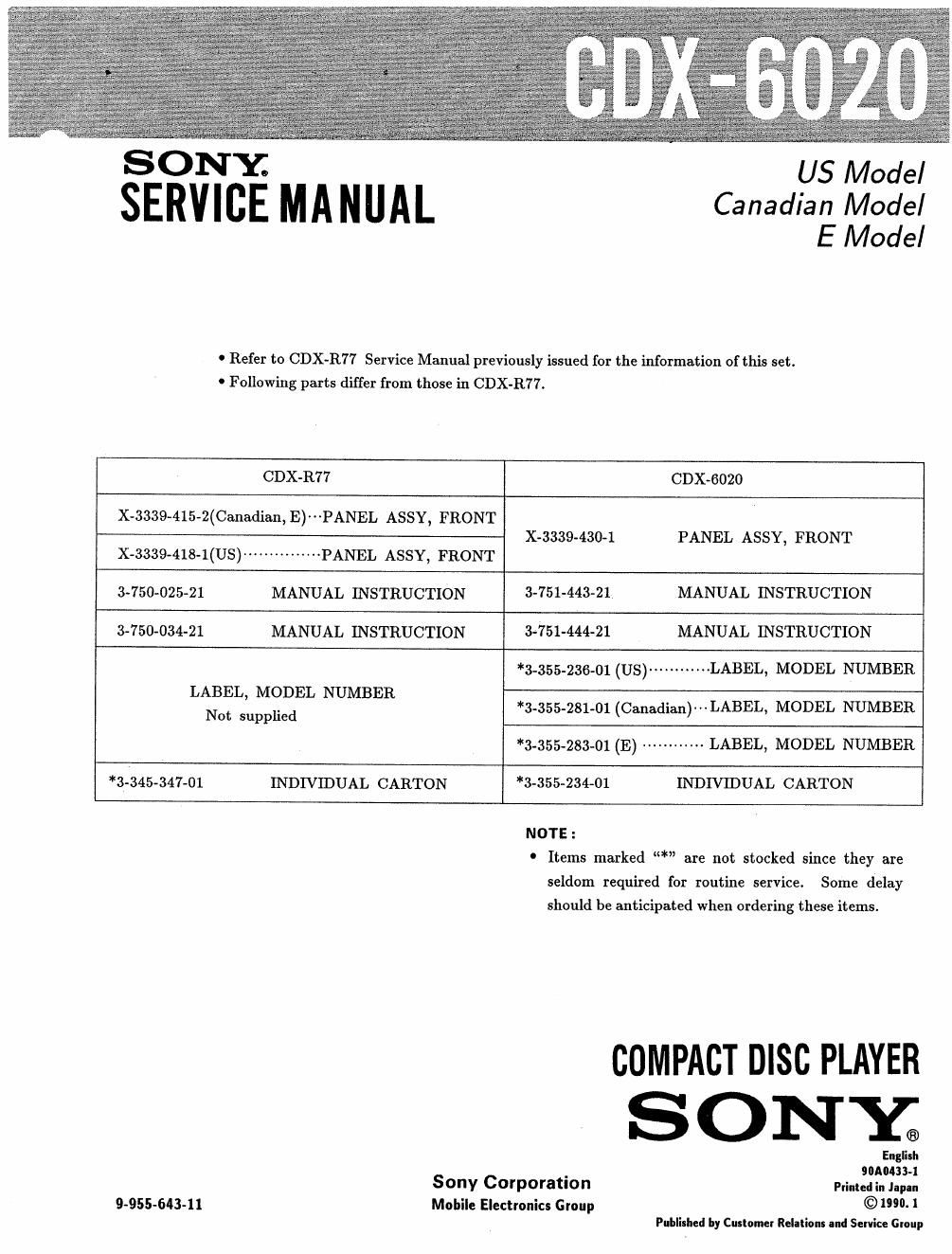 sony cdx 6020 service manual