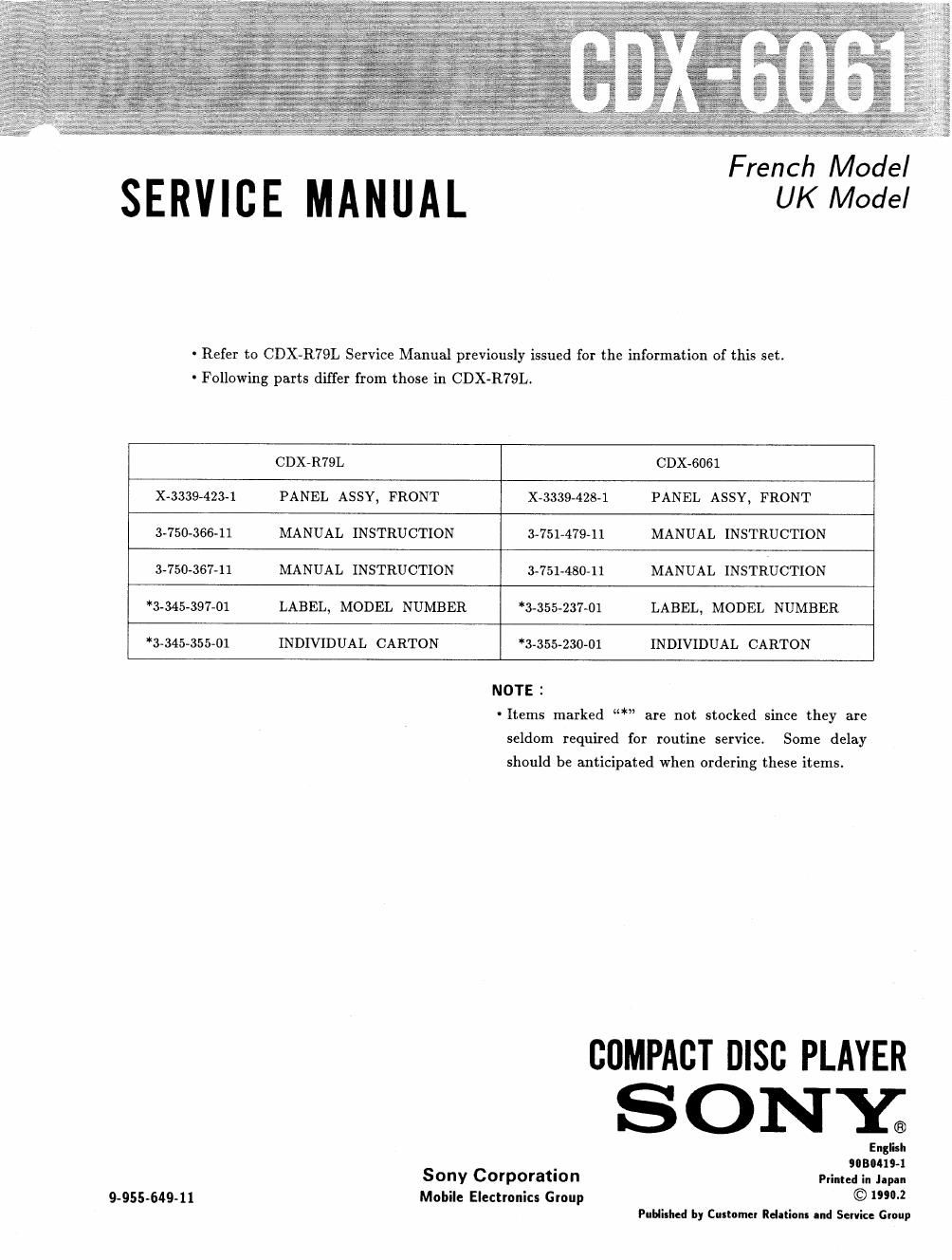 sony cdx 6061 service manual