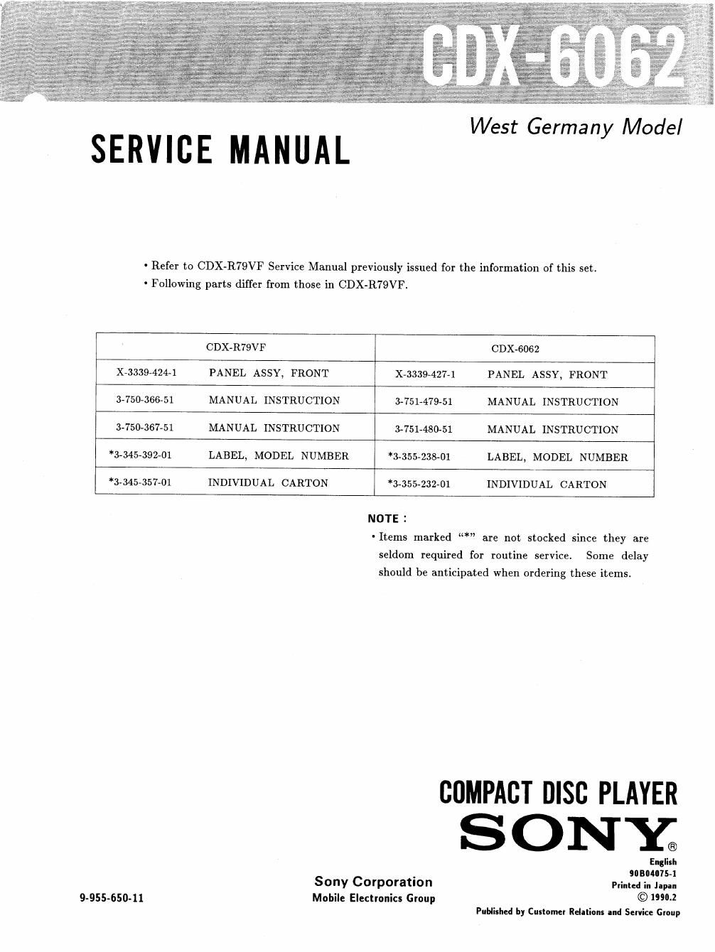 sony cdx 6062 service manual