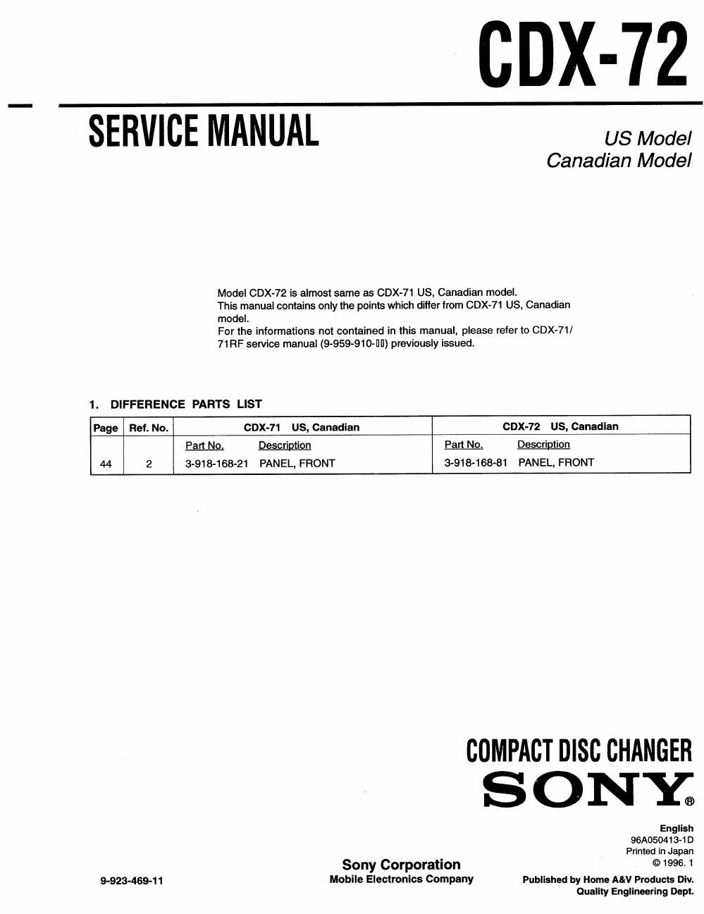 sony cdx 72 service manual