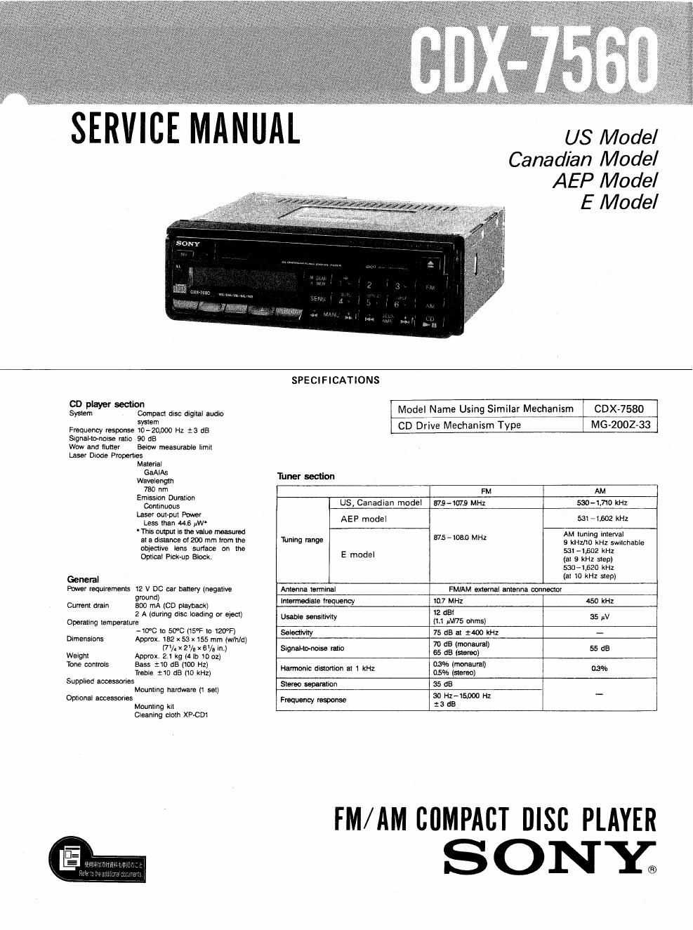 sony cdx 7560 service manual