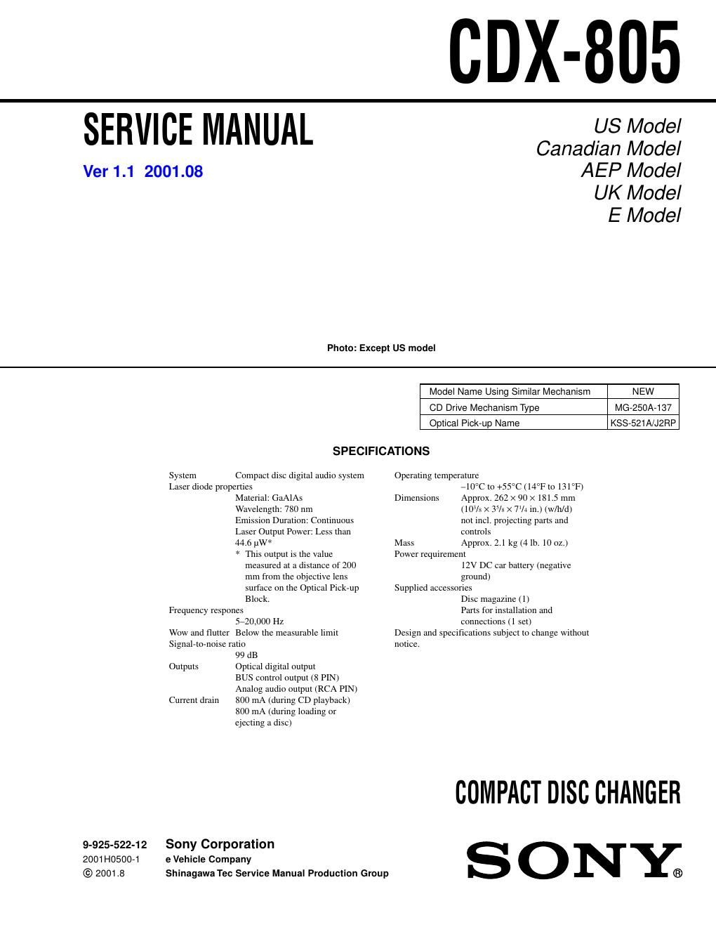 sony cdx 805 service manual