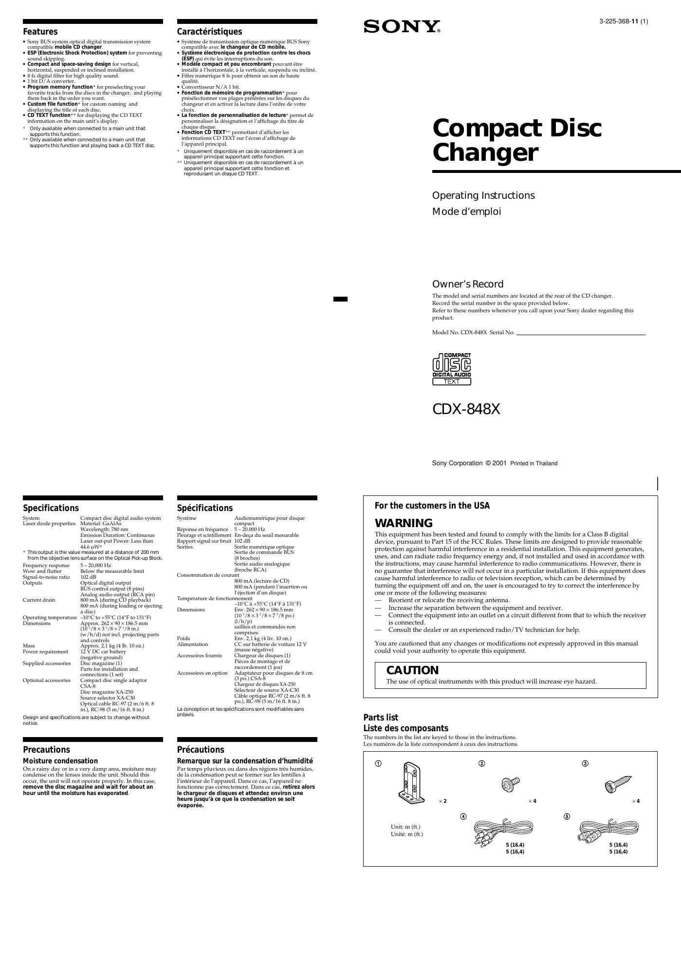 sony cdx 848 x owners manual