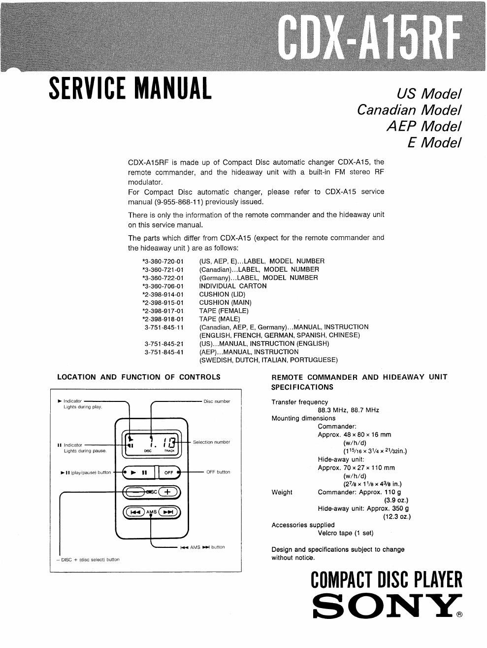 sony cdx a 15 rf service manual