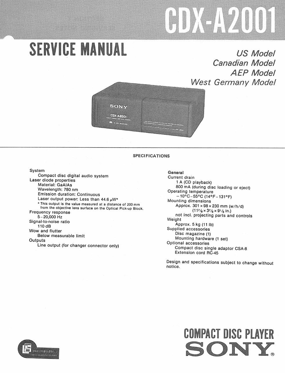 sony cdx a 2001 service manual