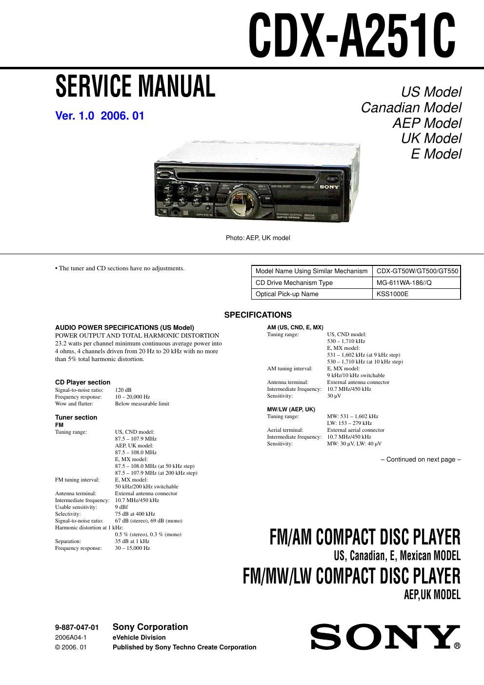 sony cdx a 251 c service manual